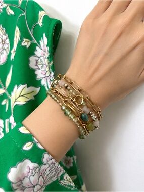 Gold Multi-Chain Beaded Bracelet Stack in Green and Pink